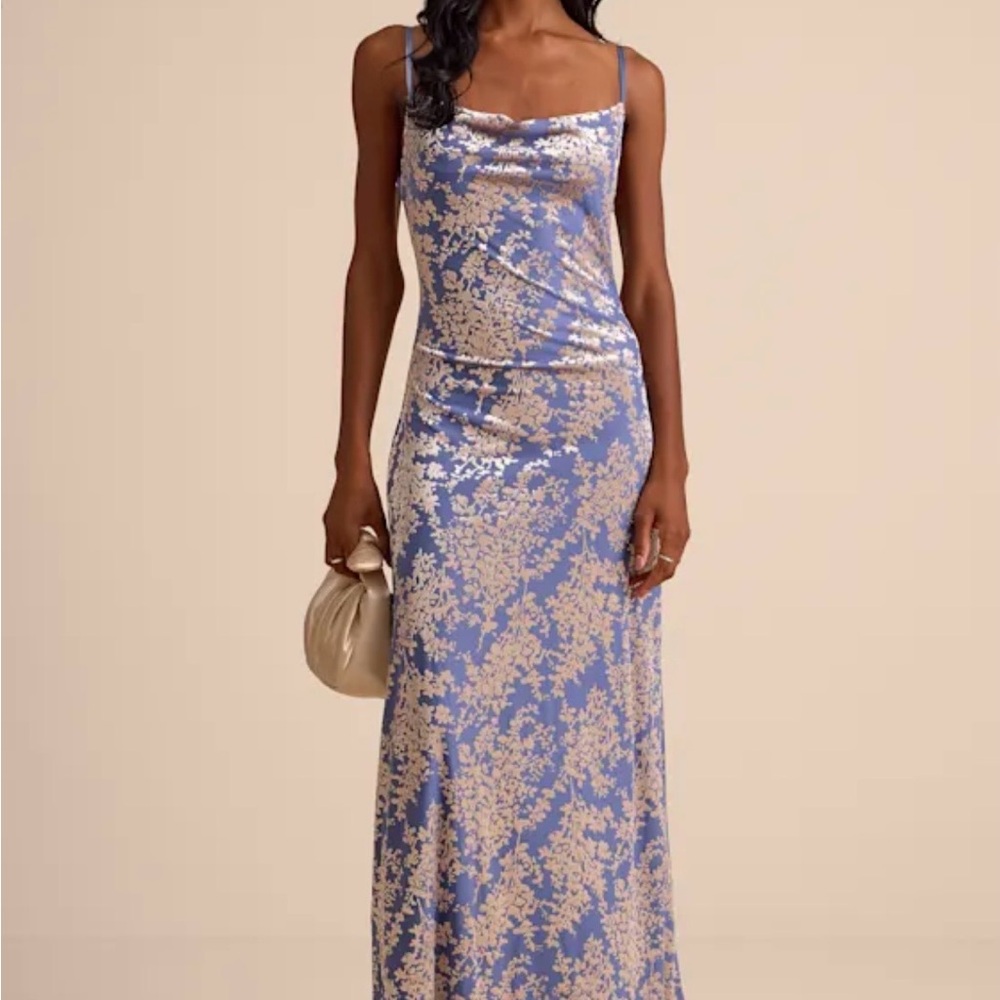 Lulu's Elegant Blue and silver Floral Maxi Dress